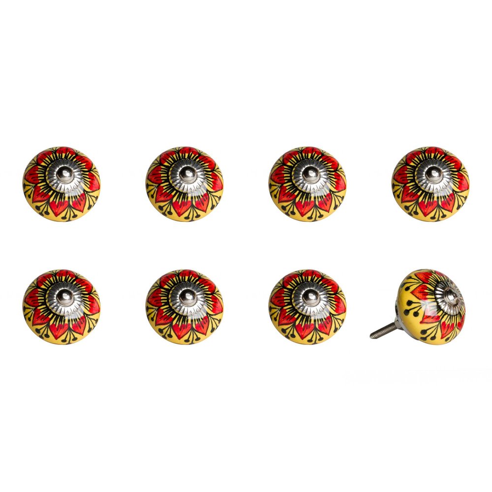 Set of Eight Yellow And Black Floral Ceramic Drawer Pull Knobs