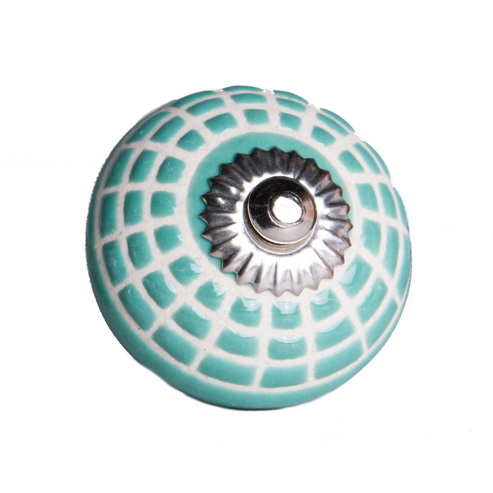 Set of Twelve Turquoise And White Geometric Ceramic Drawer Pull Knobs