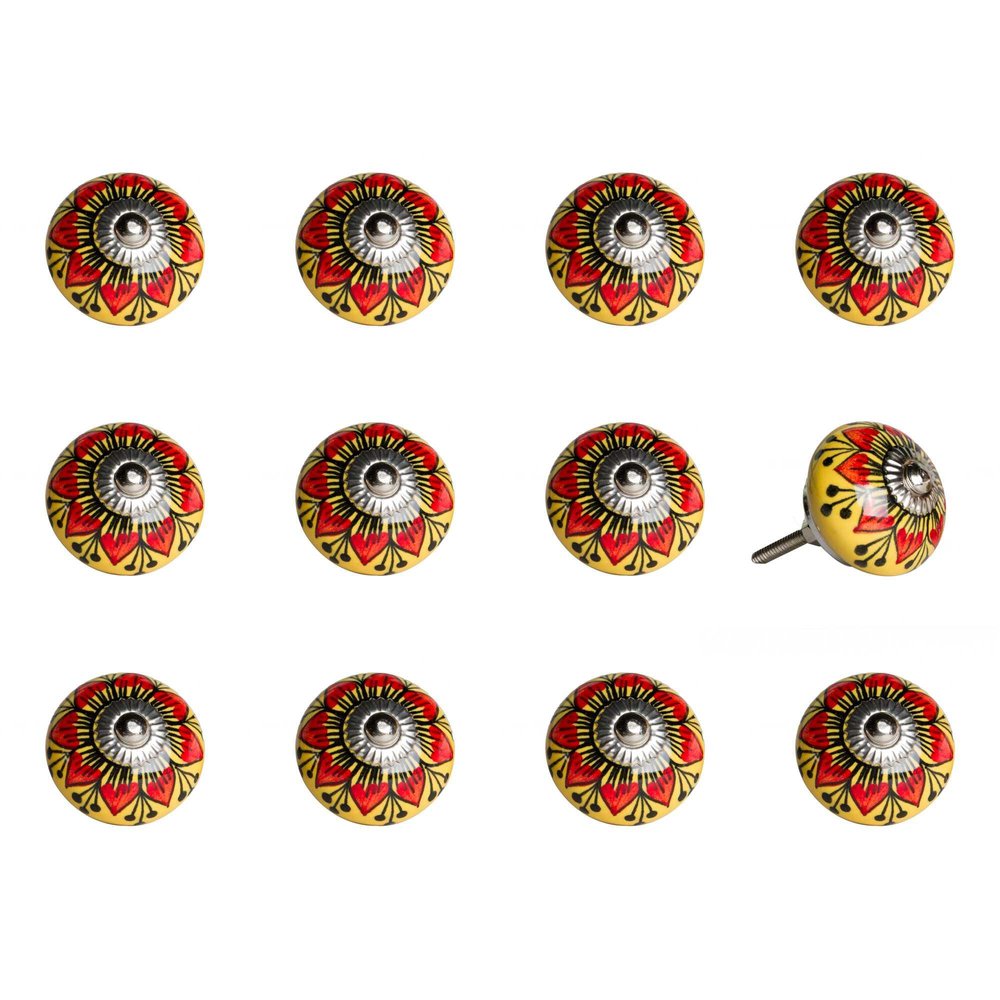 Set of Twelve Yellow And Black Floral Ceramic Drawer Pull Knobs