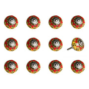Set of Twelve Yellow And Black Floral Ceramic Drawer Pull Knobs