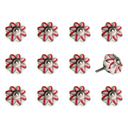 Set of Twelve Red And White Floral Ceramic Drawer Pull Knobs