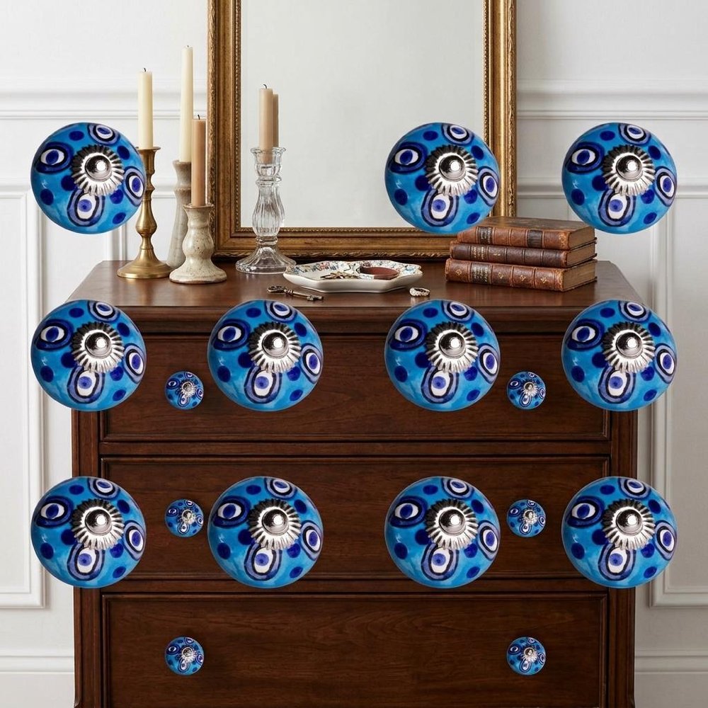 Set of Twelve Blue And White Botanical Ceramic Drawer Pull Knobs