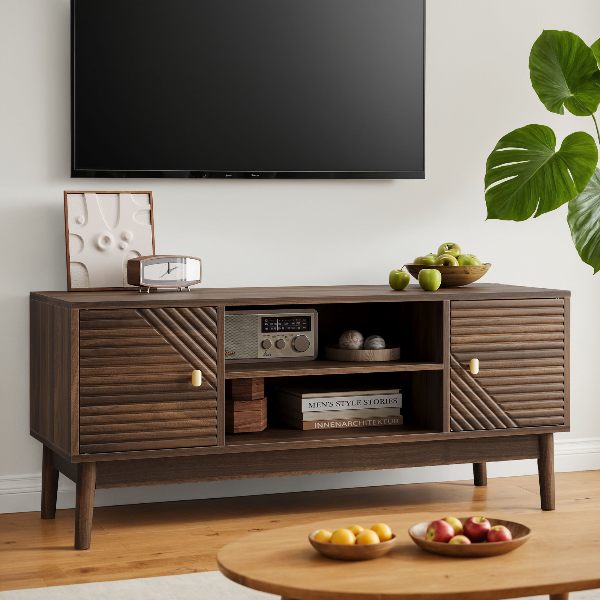 TV Stand, Entertainment Center With Storage, Media Console Table For Living Room - Walnut