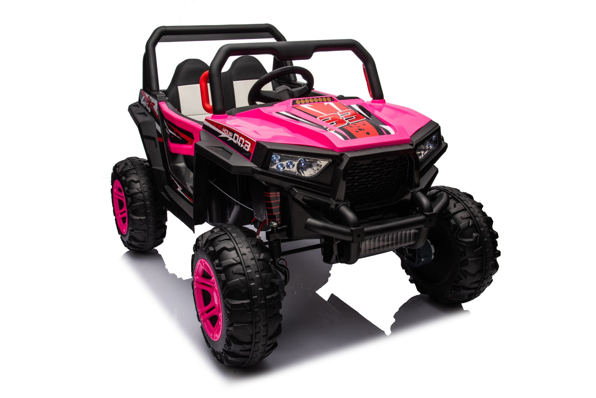 12V7A*1 30W*4 Four-Wheel Drive Seat One Button Start, Forward And Backward, High And Low Speed, Music, Front Light, Power Display, Two Doors Can Open, 2.4G R / C, Seat Belt Four Wheel Absorber