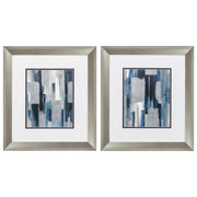 Set of Two Modern Blue Abstract Silver Framed Art