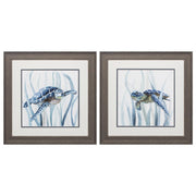 19" X 19" Distressed Wood Toned Frame Turtle In Grass (Set Of 2)