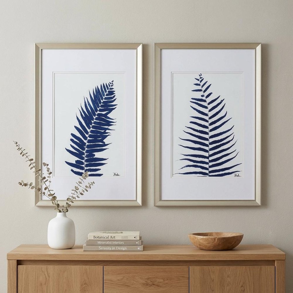 18" X 28" Champagne Gold Color Frame  Indigo Ferns (Set Of 2)