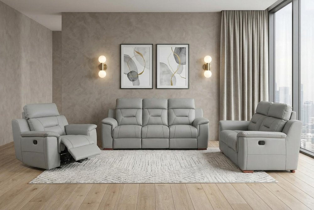 Three Piece Indoor Gray Genuine Leather Five Person Seating Set