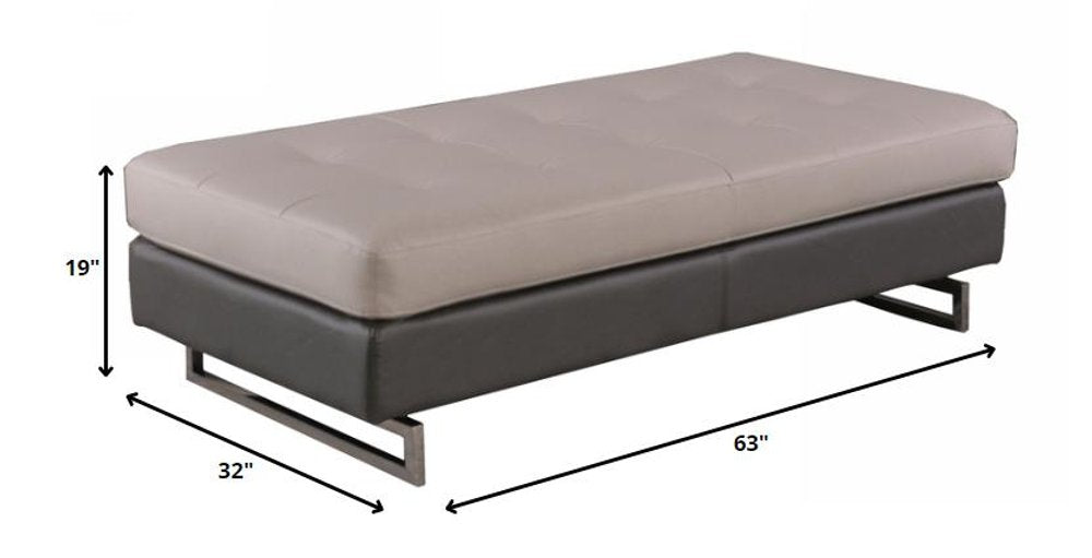 63" Taupe Brown and Silver Faux Leather Tufted Ottoman