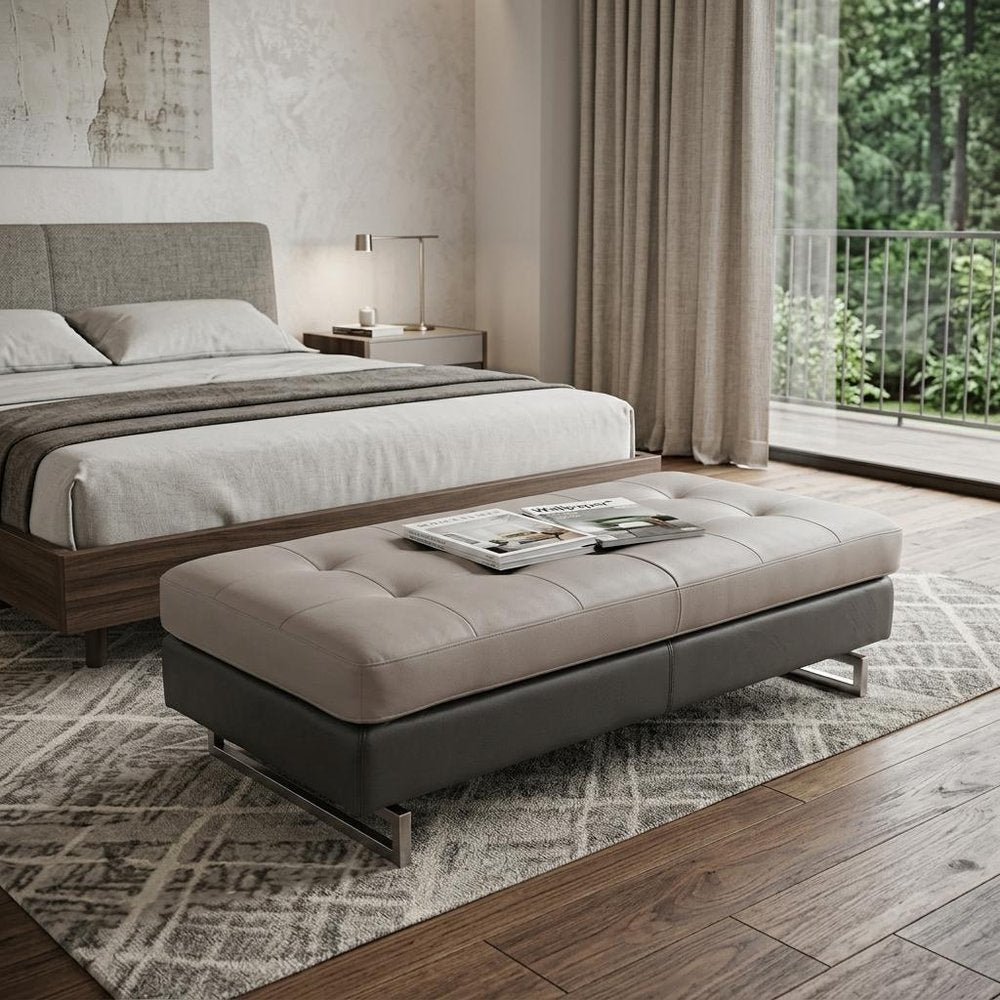 63" Taupe Brown and Silver Faux Leather Tufted Ottoman