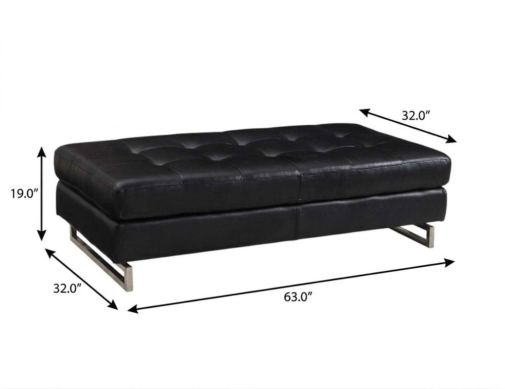 63" Black Tufted Faux Leather and Silver Ottoman