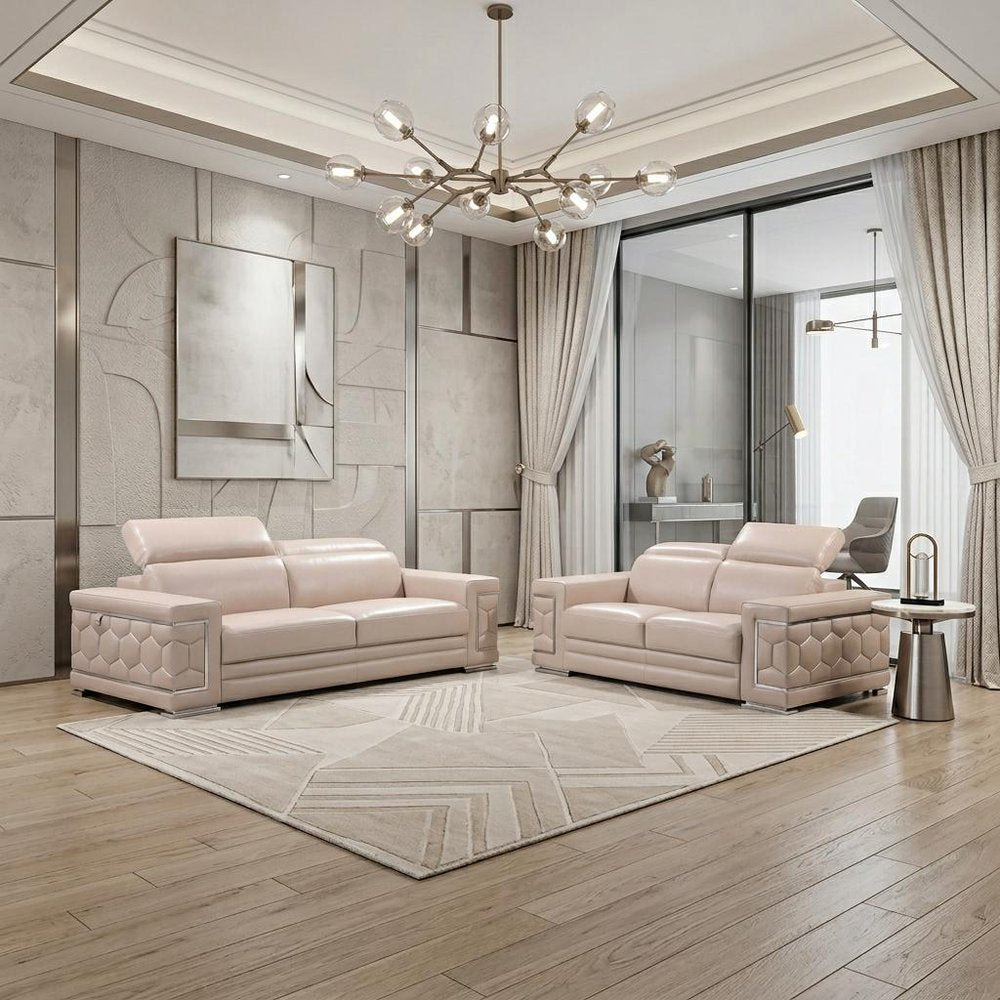 Two Piece Indoor Beige Italian Leather Five Person Seating Set