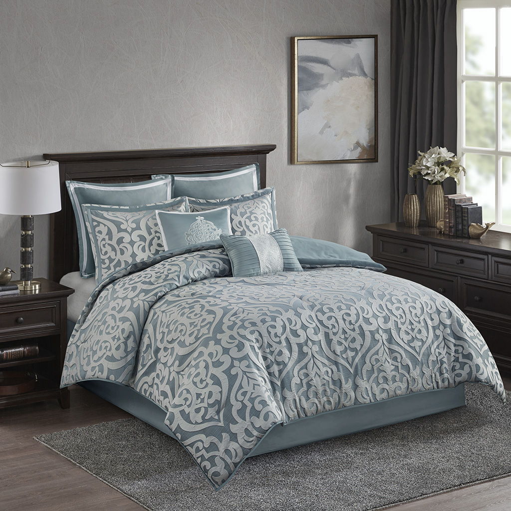 Odette - 8 Piece Jacquard Comforter Set - Aqua / Silver