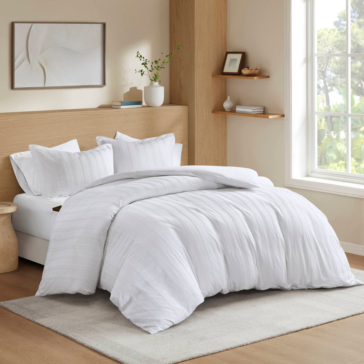 Logan - Full Striped Duvet Set - White