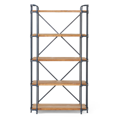 Yorktown - Industrial 5 Shelf Bookcase With Metal Pipework And Solid Fir - Natural