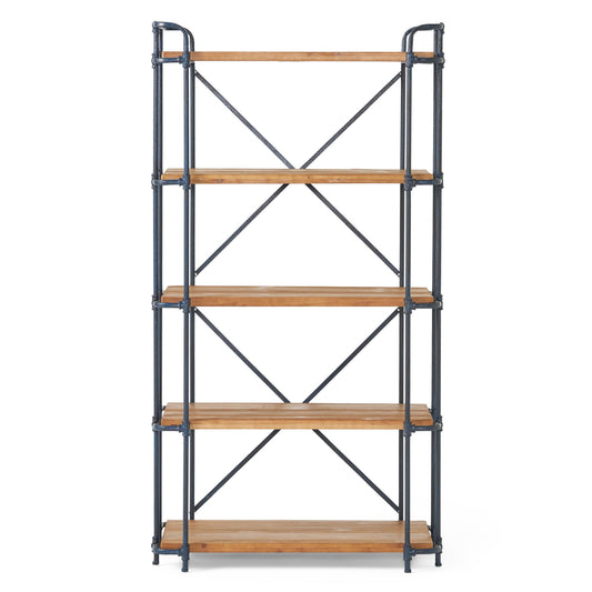 Yorktown - Industrial 5 Shelf Bookcase With Metal Pipework And Solid Fir - Natural