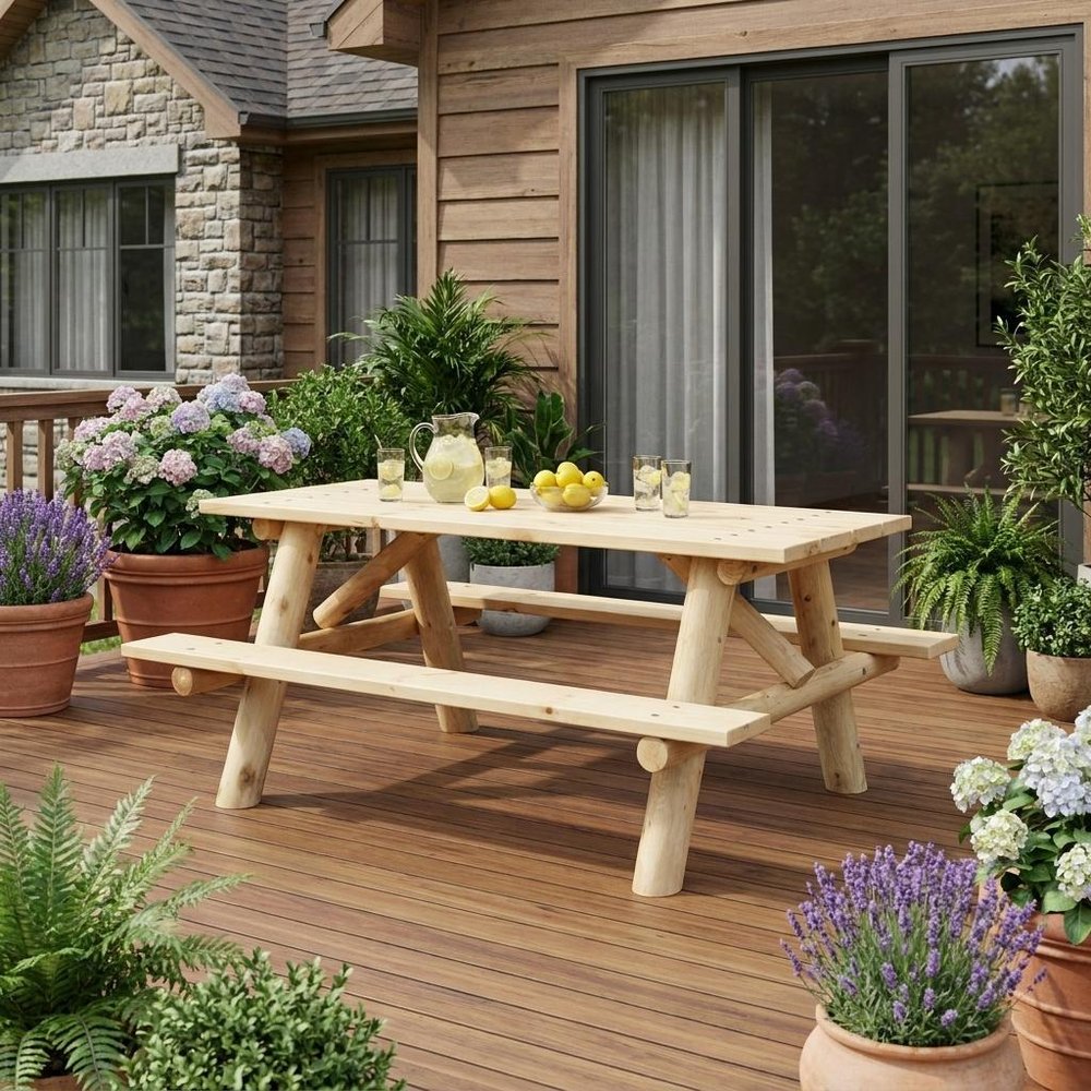 70" Natural Solid Wood Outdoor Picnic Table