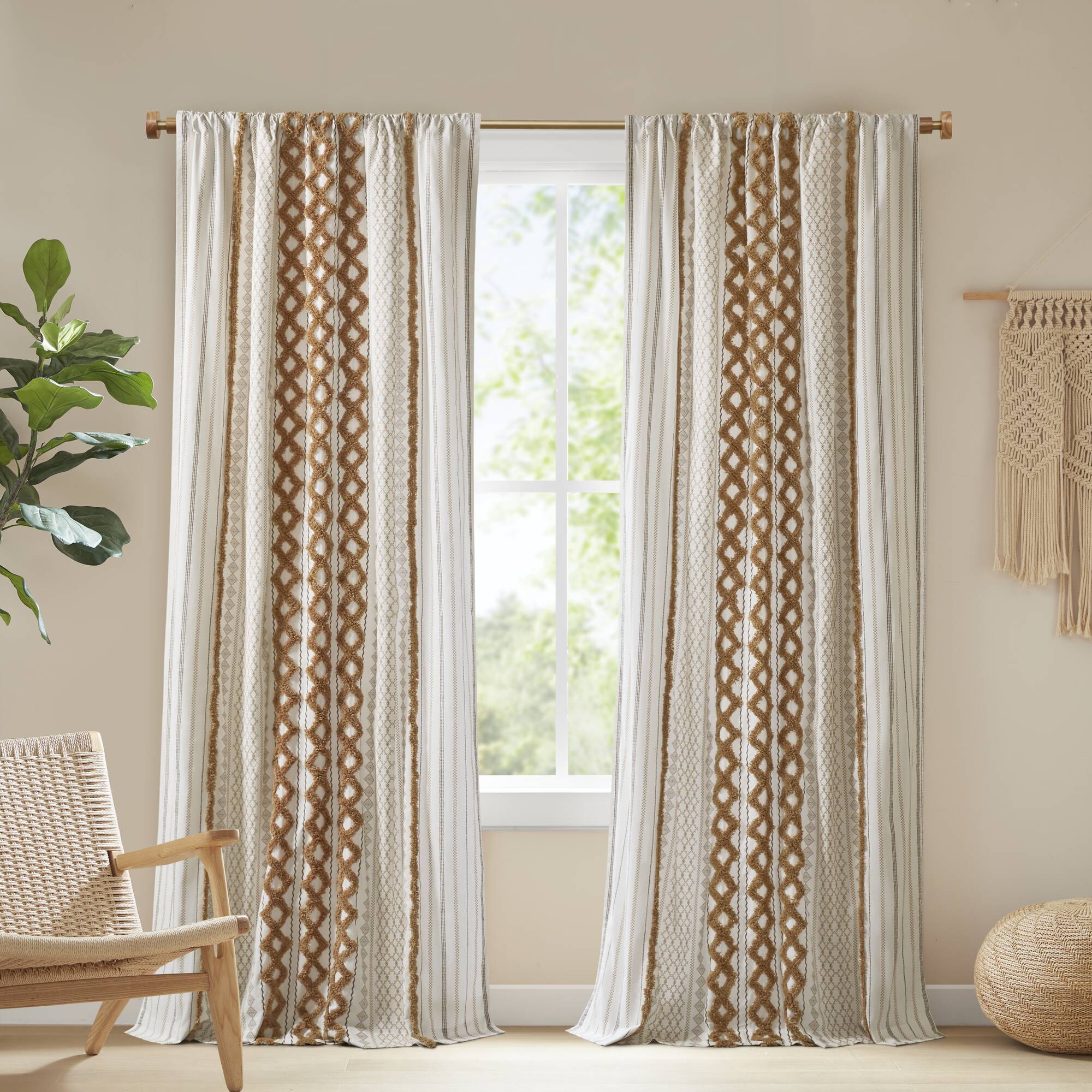 Imani - 50''x84" Printed Curtain Panel With Chenille Stripe And Lining - Terracotta