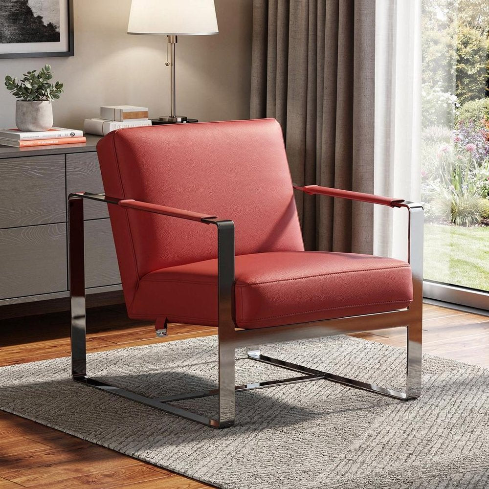 28" Red And Black Genuine Leather Arm Chair