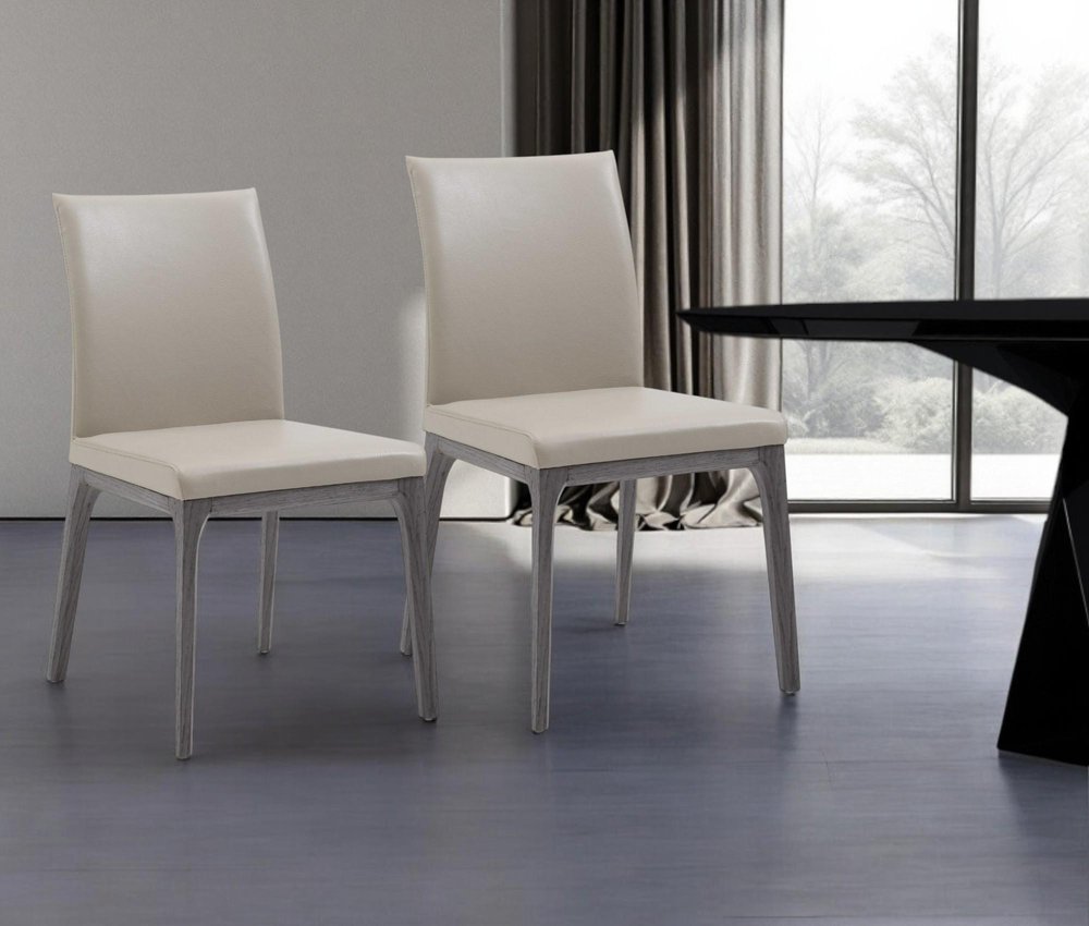 Set of Two Taupe and Gray Upholstered Faux Leather Dining Side Chairs