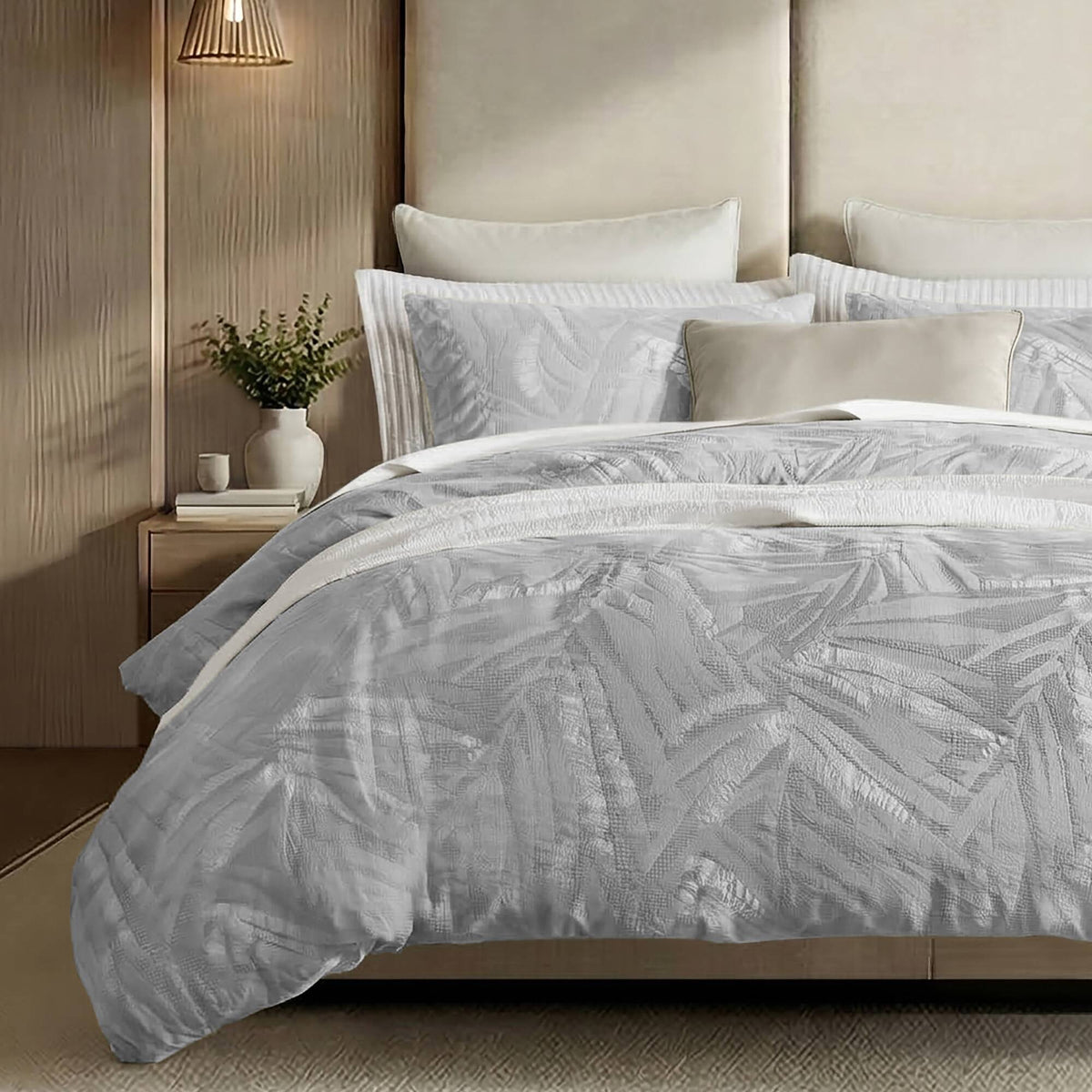 Coastal Leaves - 3 Piece Full/Queen Duvet Set - Light Gray