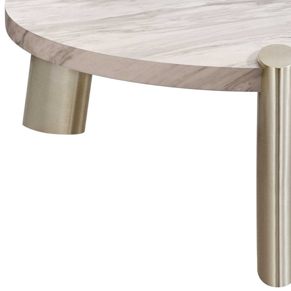 48" White and Silver Marble and Stainless Steel Round Coffee Table