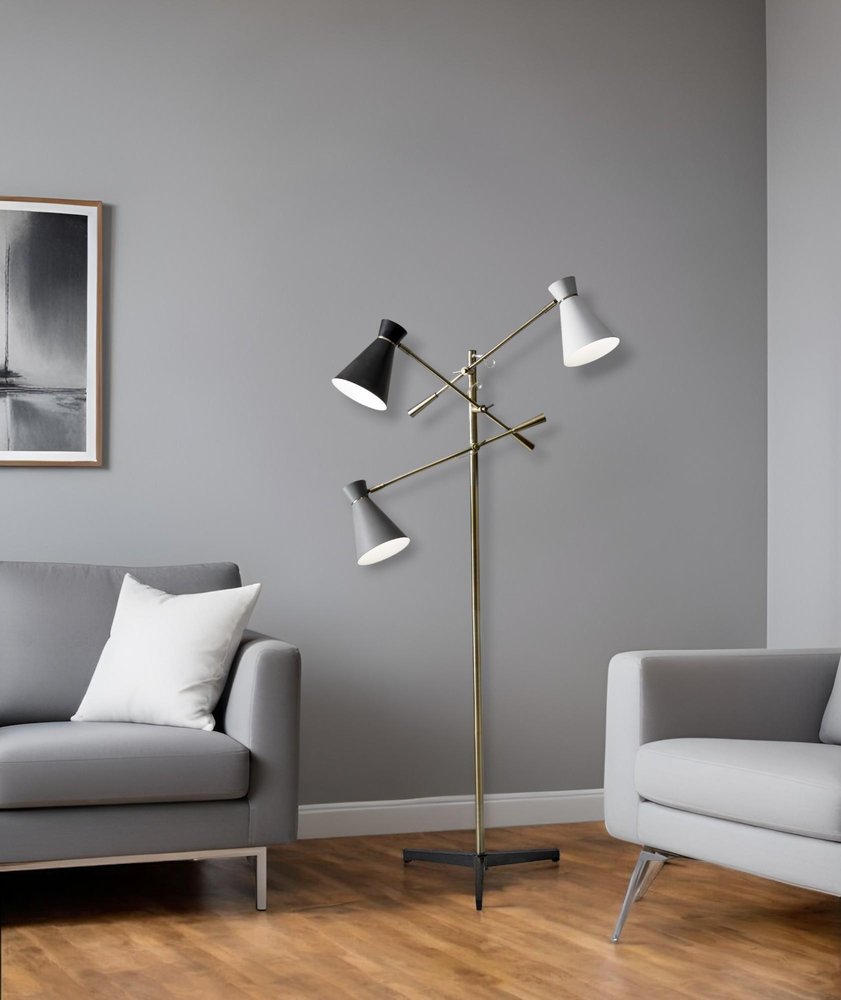 71" Brass Metal Novelty Floor Lamp With Black And White Iron Cone Shade