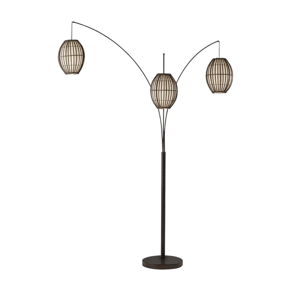 82" Bronze Three Light Tree Floor Lamp With Beige Wicker Cage Shade