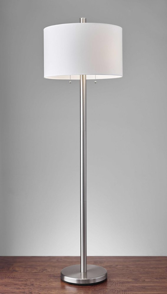 61" Silver Two Light Floor Lamp With White Fabric Drum Shade