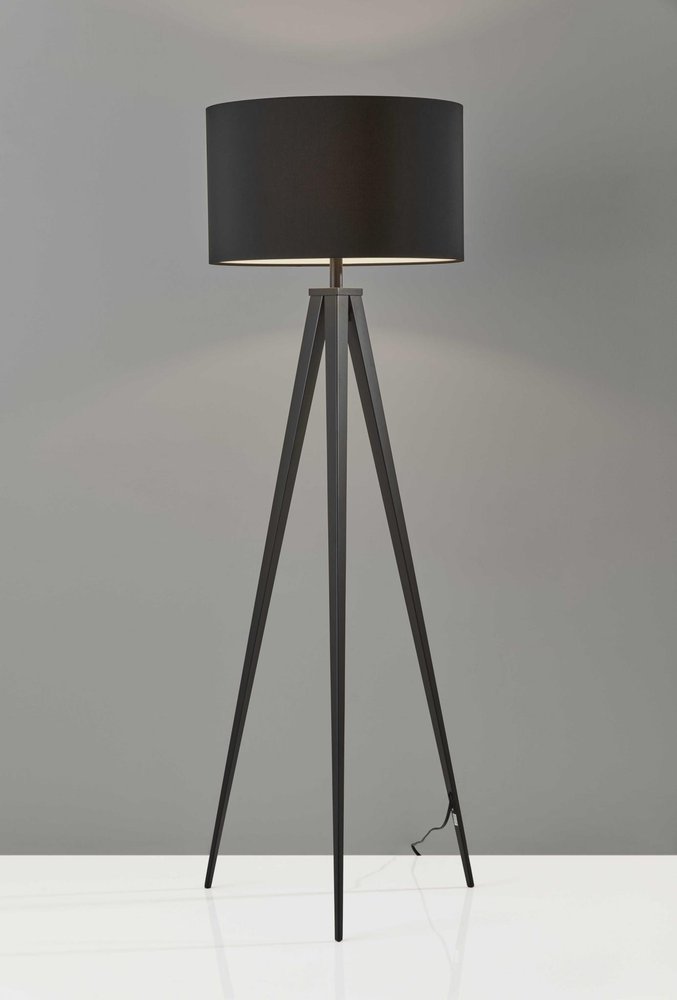 60" Brown And White Tripod Floor Lamp With White Linen Drum Shade