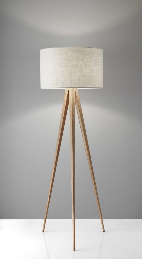60" Brown And White Tripod Floor Lamp With White Linen Drum Shade