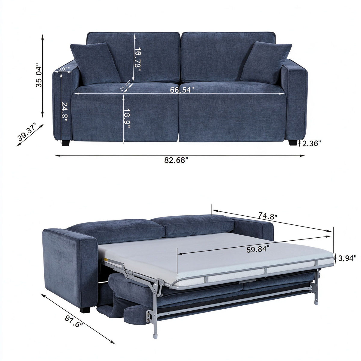 2 Seater Pull Out Sofa Bed, Modern Convertible Sleeper