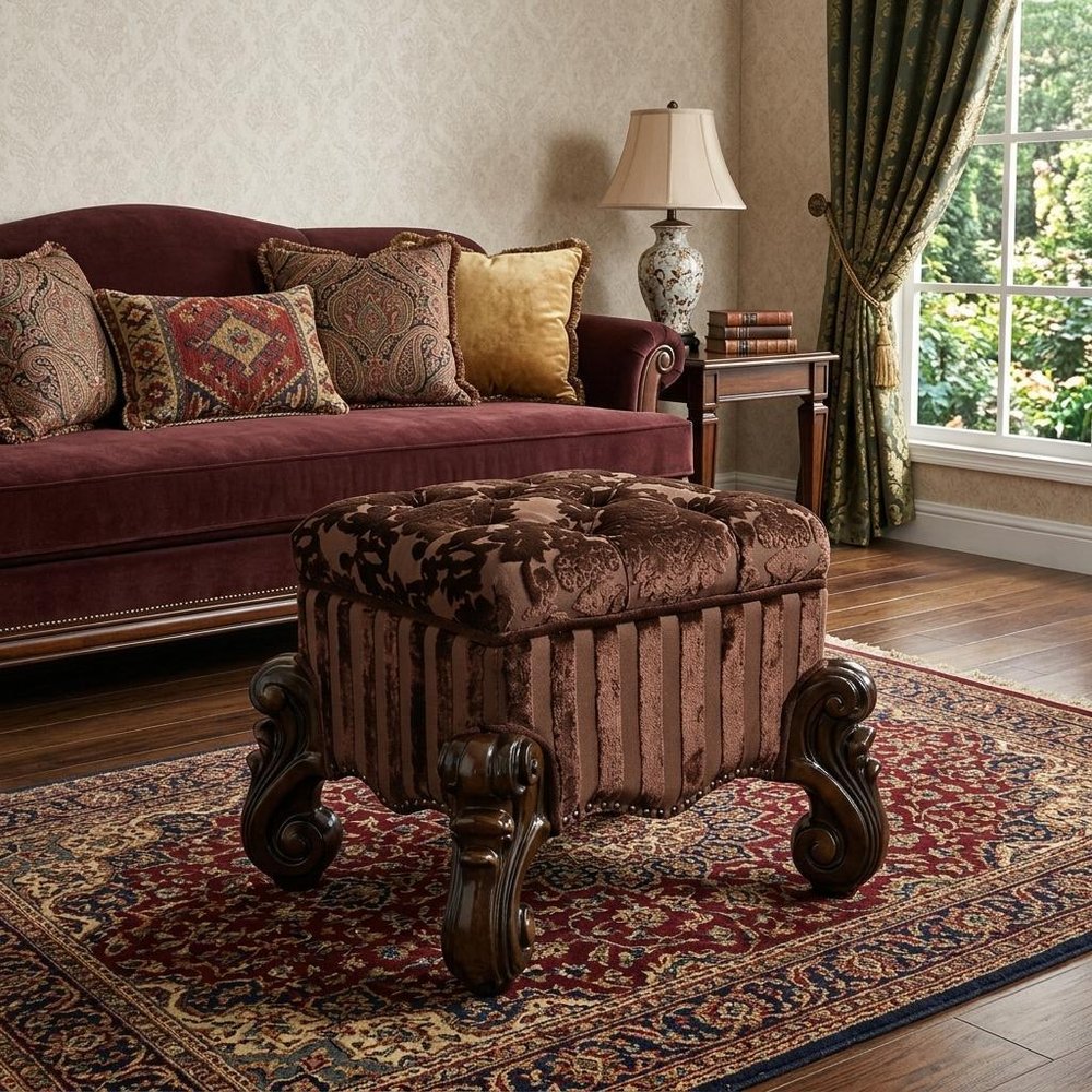 22" Chocolate Fabric Damask Footstool
