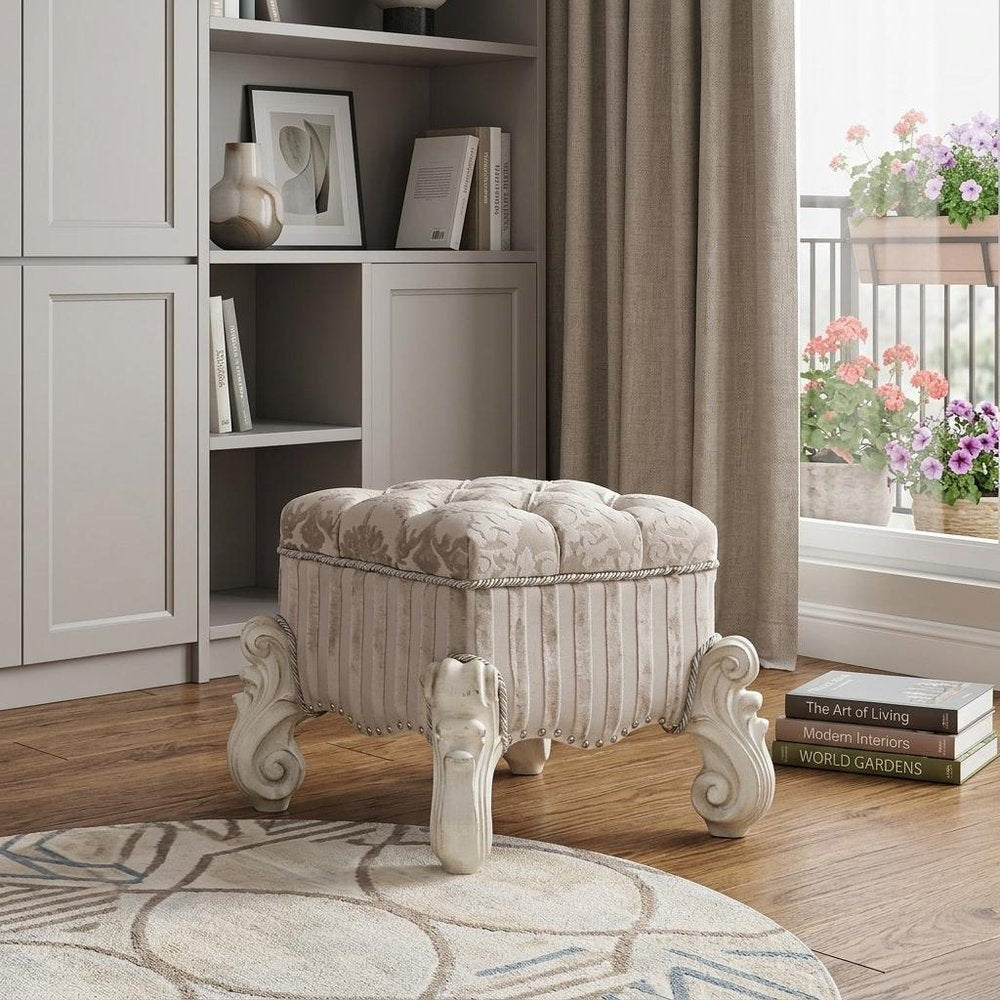 22" Chocolate Fabric Damask Footstool