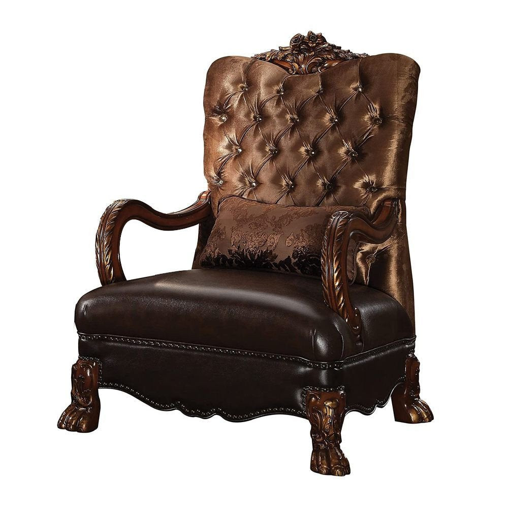 34" Golden Brown Tufted Velvet and Wood Arm Chair And Toss Pillow