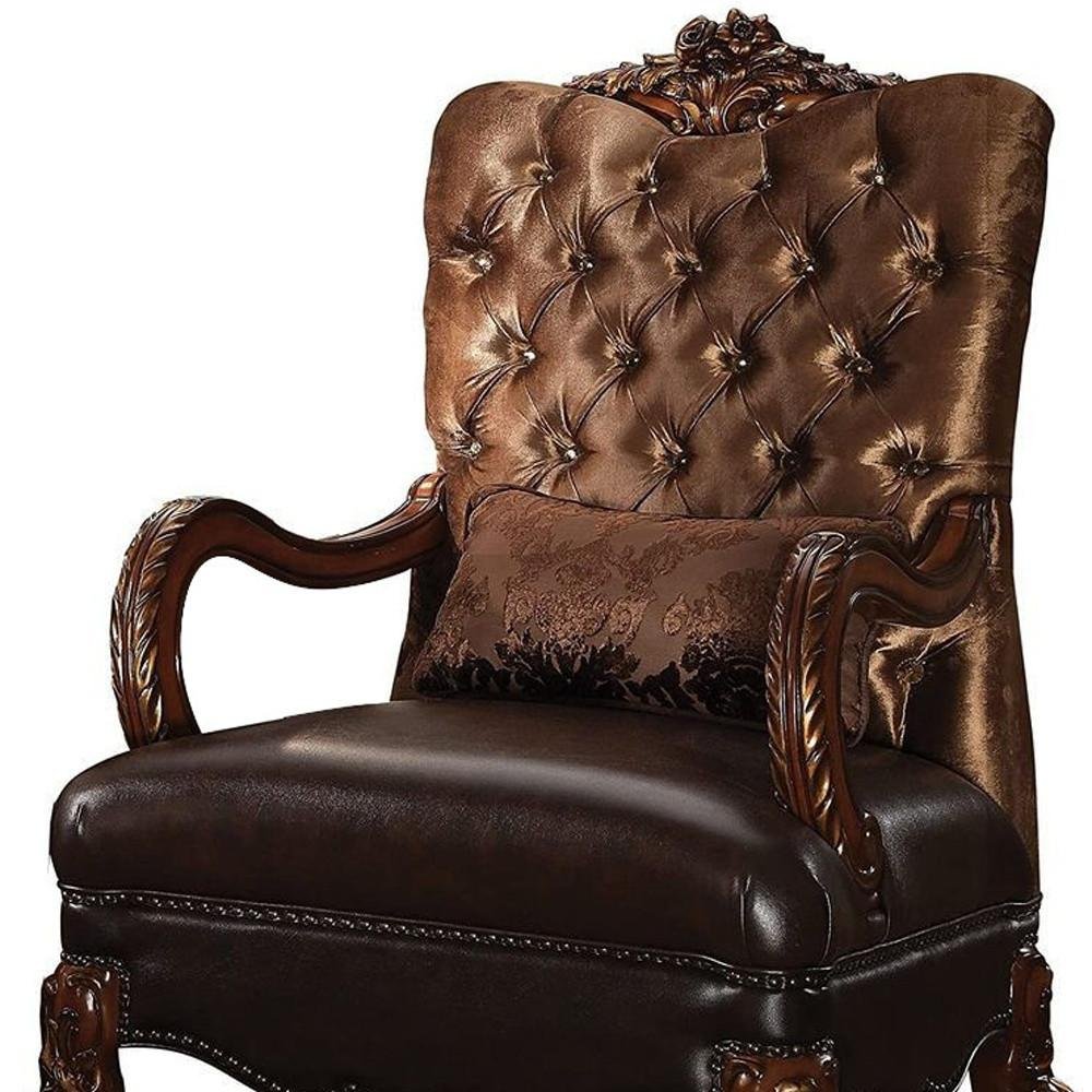 34" Golden Brown Tufted Velvet and Wood Arm Chair And Toss Pillow