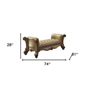 74" Bone and Gold Tufted Faux Leather Upholstered Bench