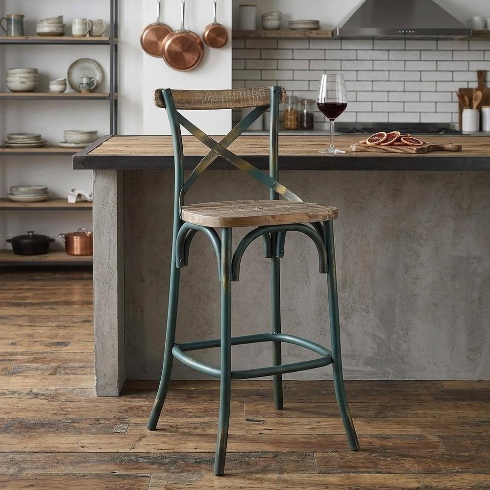 21" Brown And Sky Blue Iron Bar Chair