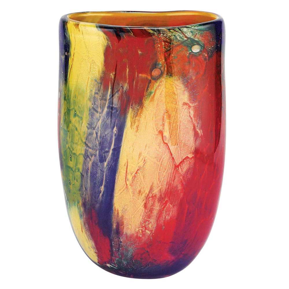 11"  Red Purple And Yellow Abstract Oval Murano Glass Table Vase