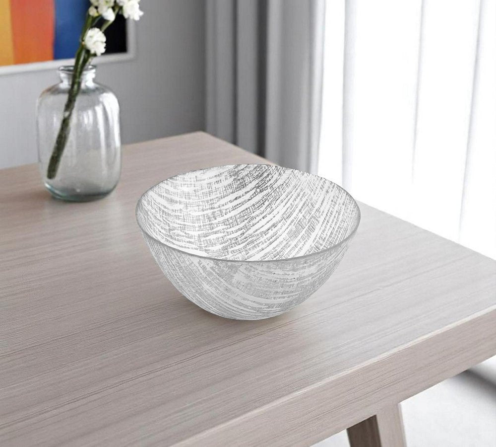 11" Clear And Silver Glass Abstract Round Salad Bowl