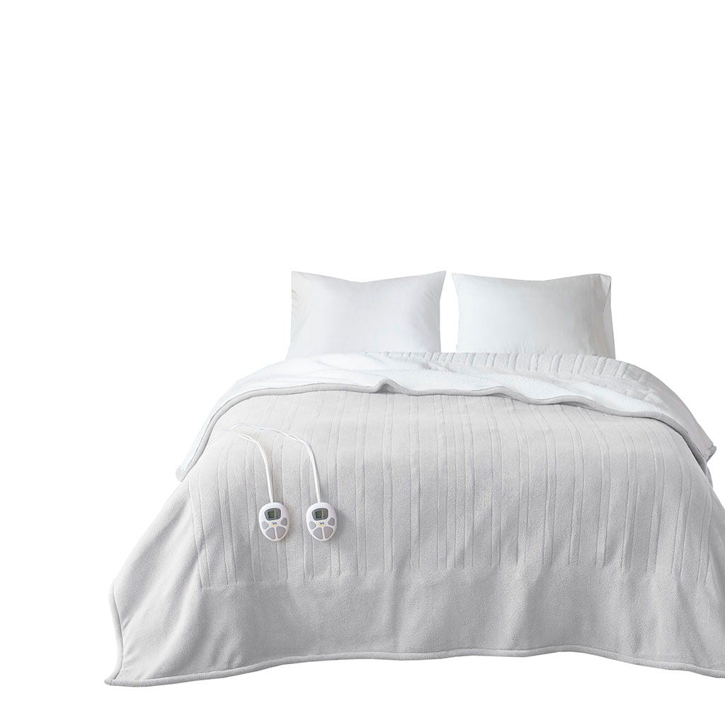 Fleece to Sherpa - Full Heated Blanket - Light Gray