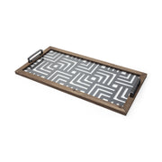 32" Brown and Black Glass Metal And Wood Geometric Serving Tray With Handles