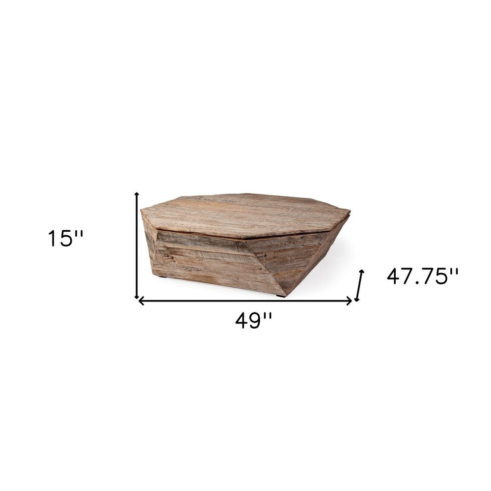 49" Natural Wood Octagon Distressed Lift Top Abstract Coffee Table