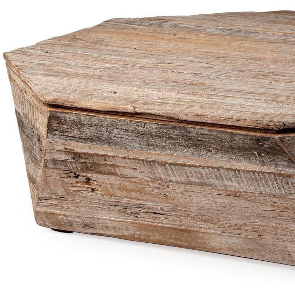 49" Natural Wood Octagon Distressed Lift Top Abstract Coffee Table