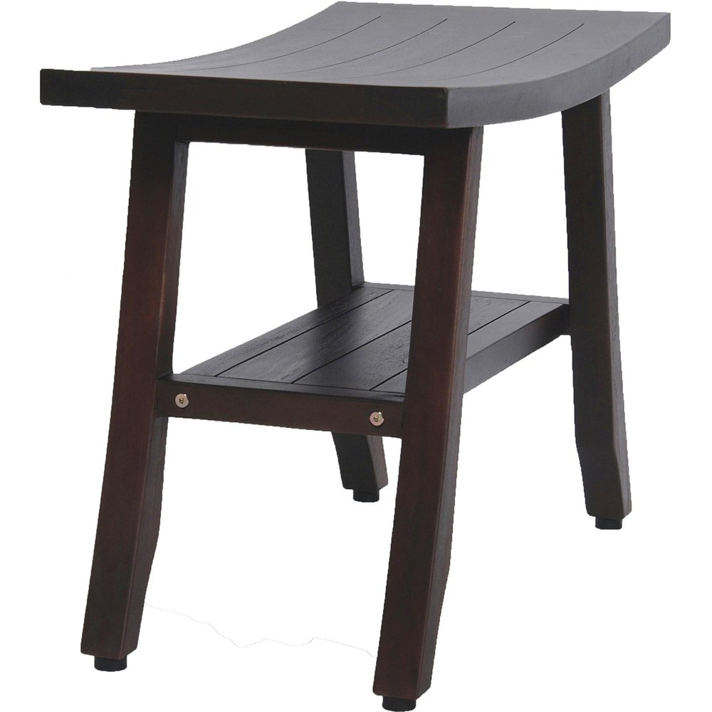 24" Dark Brown Teak Shower Bench With Shelf