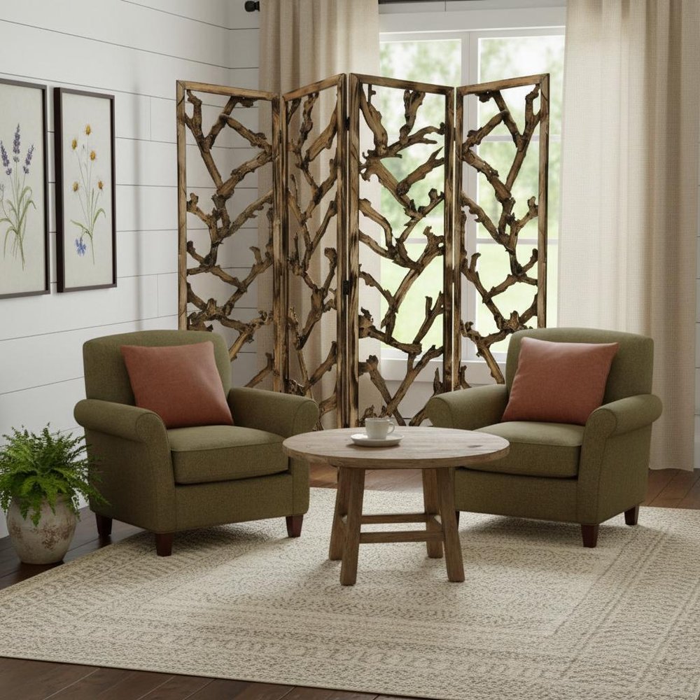 84" Brown Solid WoodFolding Four Panel Screen Room Divider