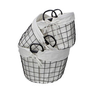 Set Of Three Black Oval Wire Baskets with White Fabric Liners and Handles