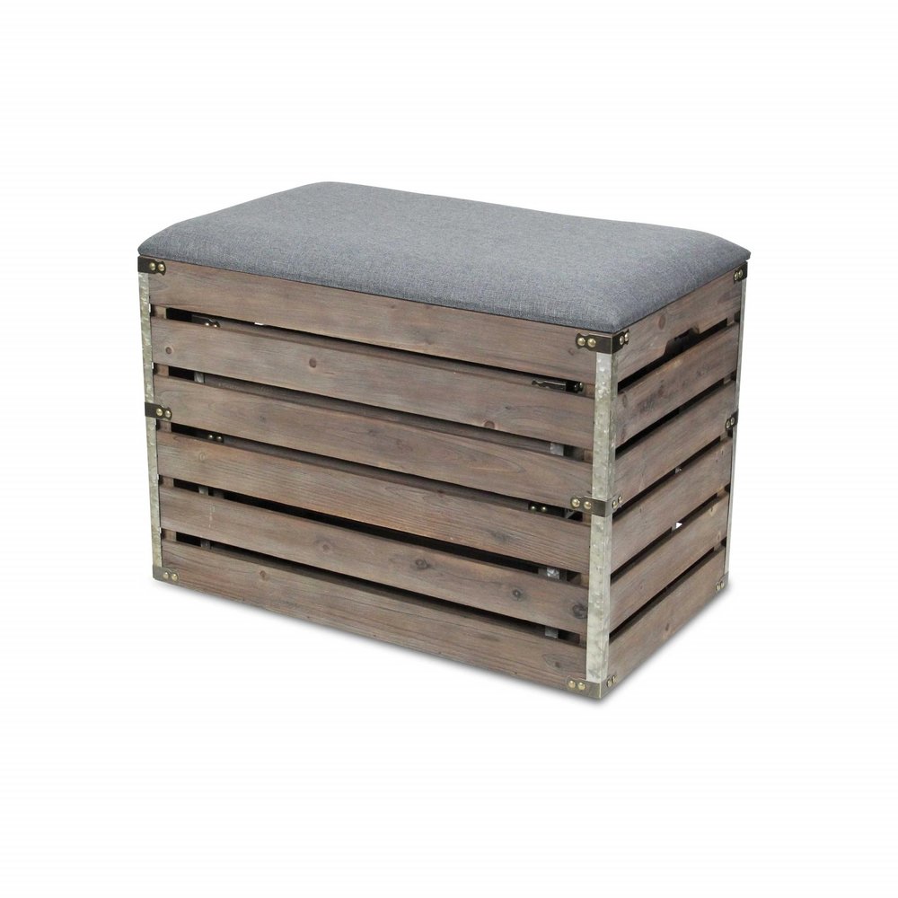 24" Gray and Brown Linen Upholstered Storage Bench with Flip Top