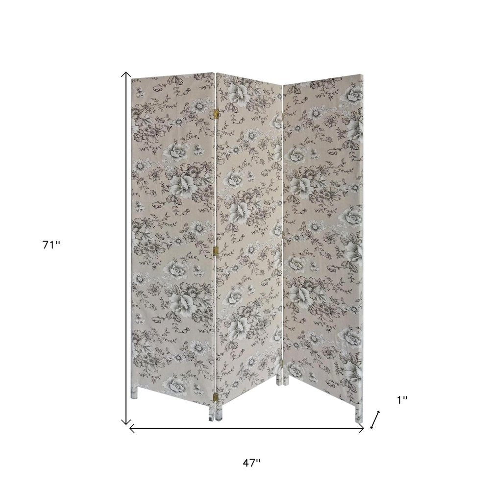 71" Beige and Black Fabric Folding Three Panel Screen Room Divider