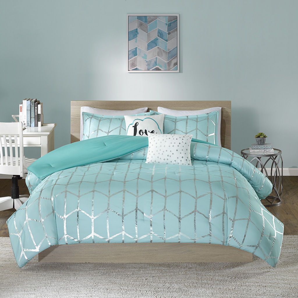 Raina - King Metallic Printed Comforter Set - Aqua / Silver